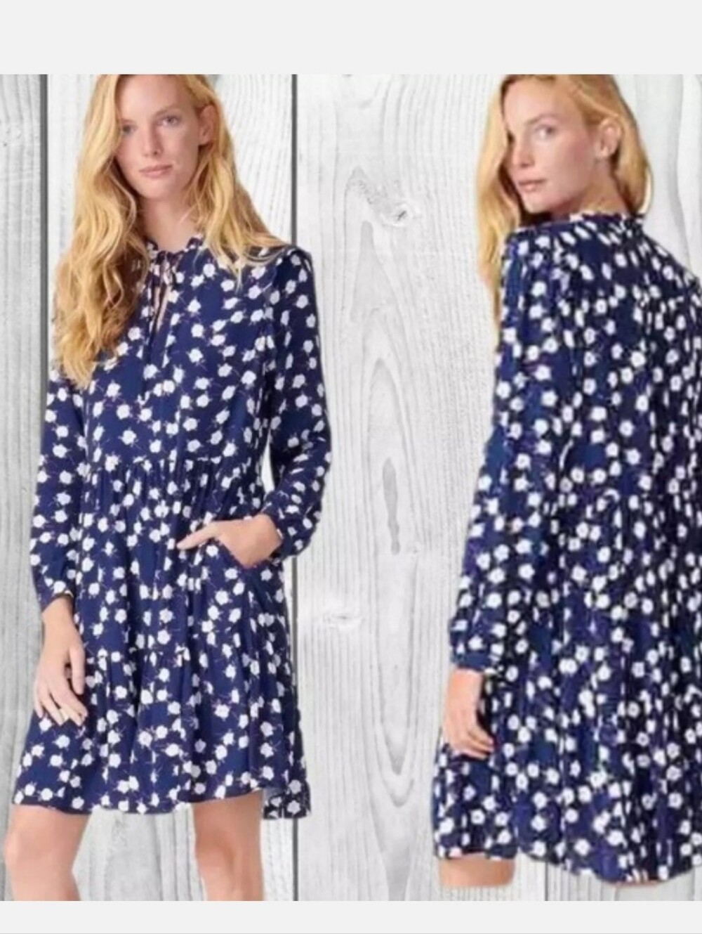 J. Crew Navy Flora, Tiered, Tie-Neck DRESS With Cream And Purple Accents.